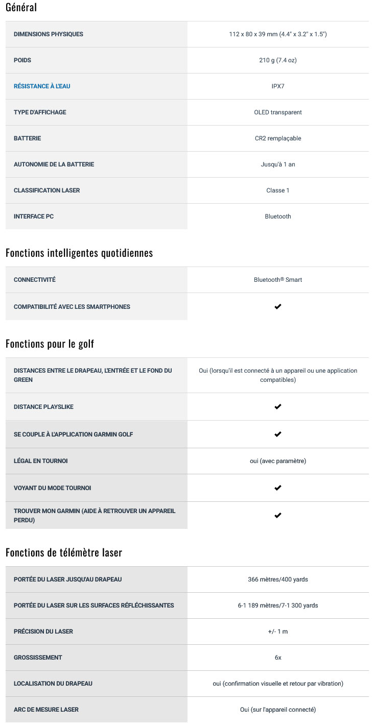 Caracteristique Telemetre laser Z30 Garmin Golf
