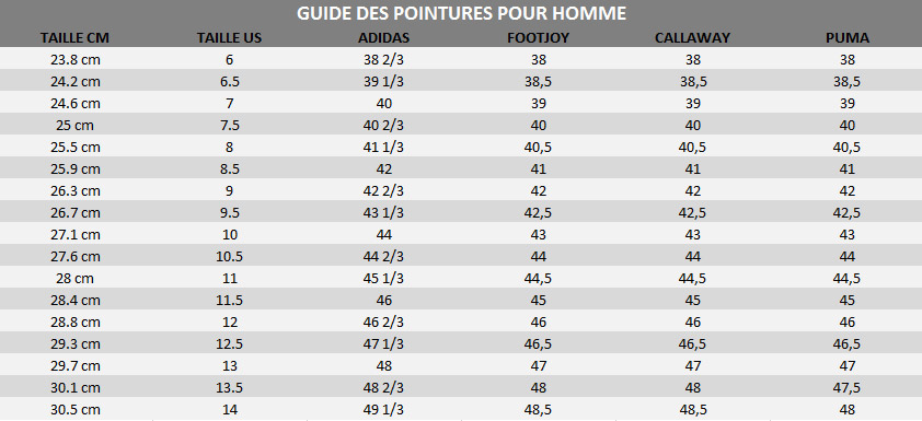 guide pointure homme chaussures